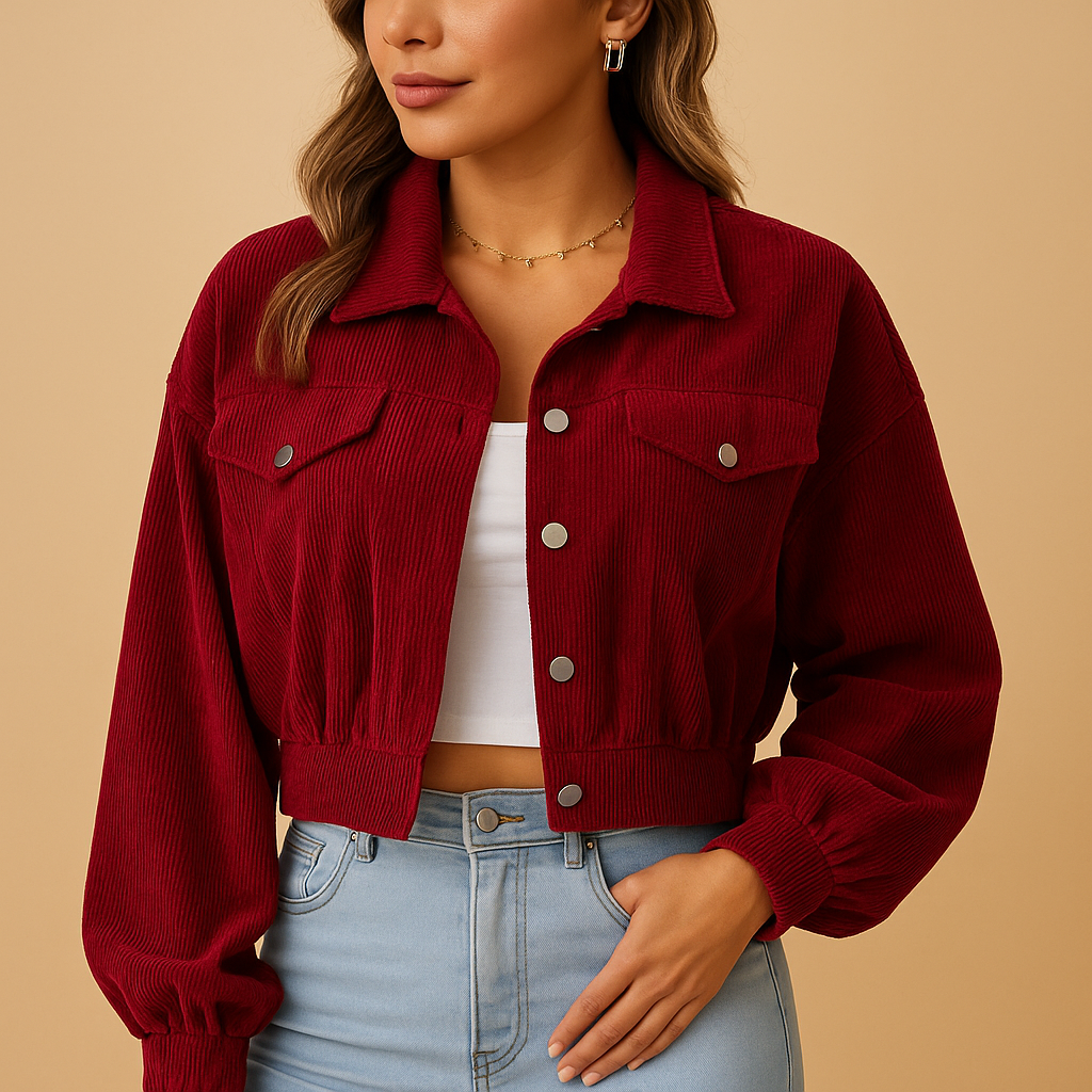 Short corduroy jacket for women with ribbed texture, silver buttons, chest pockets, and a modern silhouette, perfect for layering in any season.