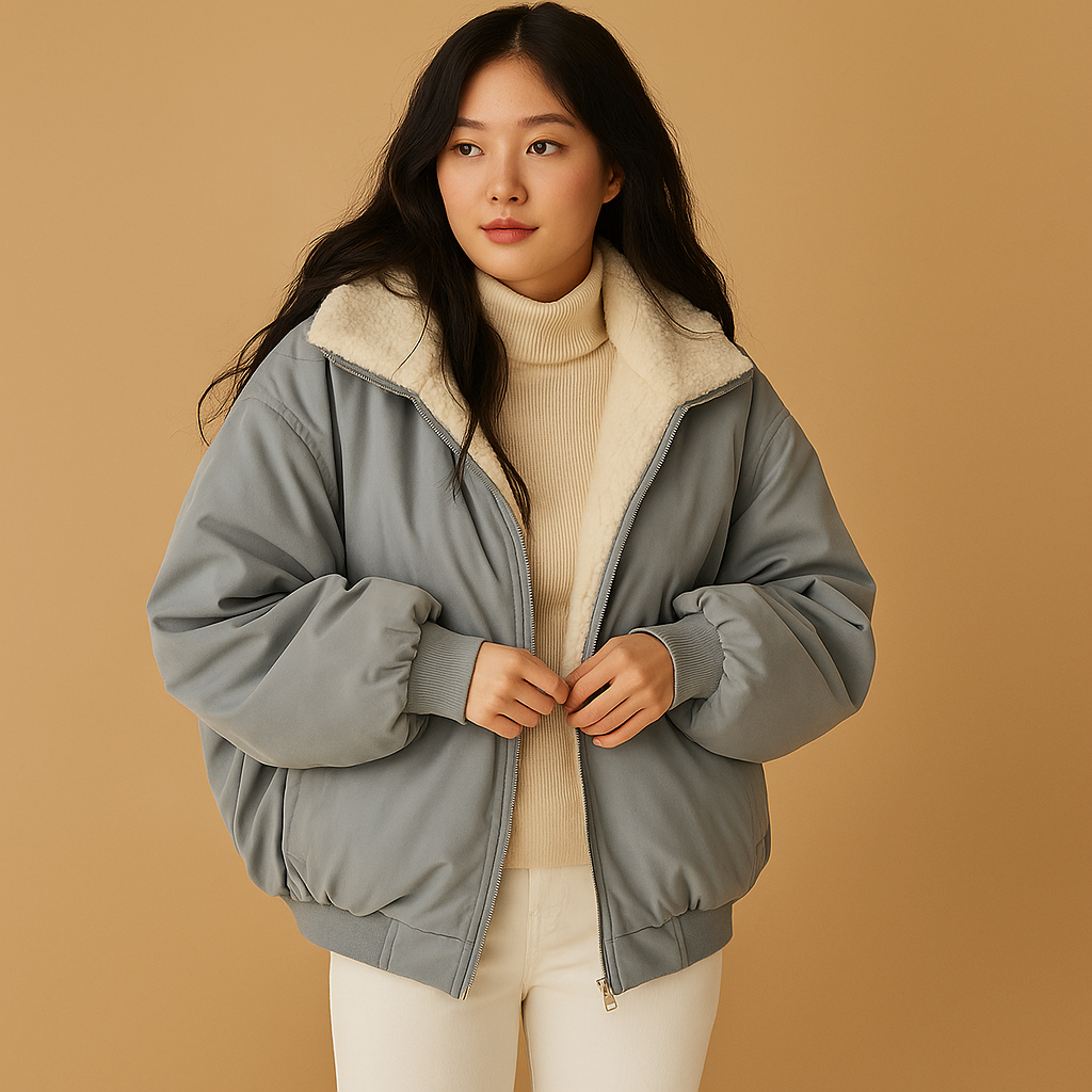Women’s short winter jacket with hood, insulated lining, and modern fit, available in black, blue, and white.