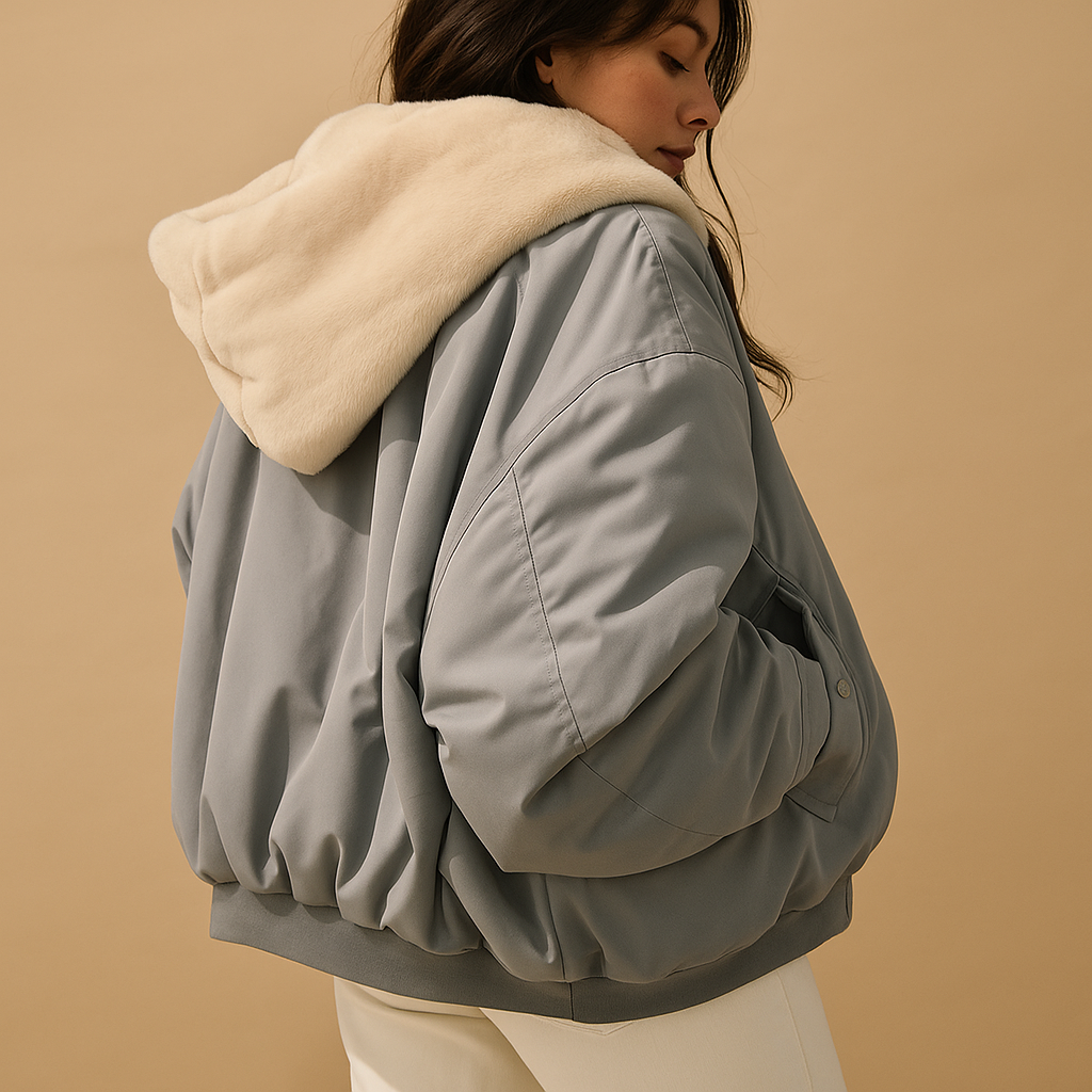 Women’s short winter jacket with hood, insulated lining, and modern fit, available in black, blue, and white.