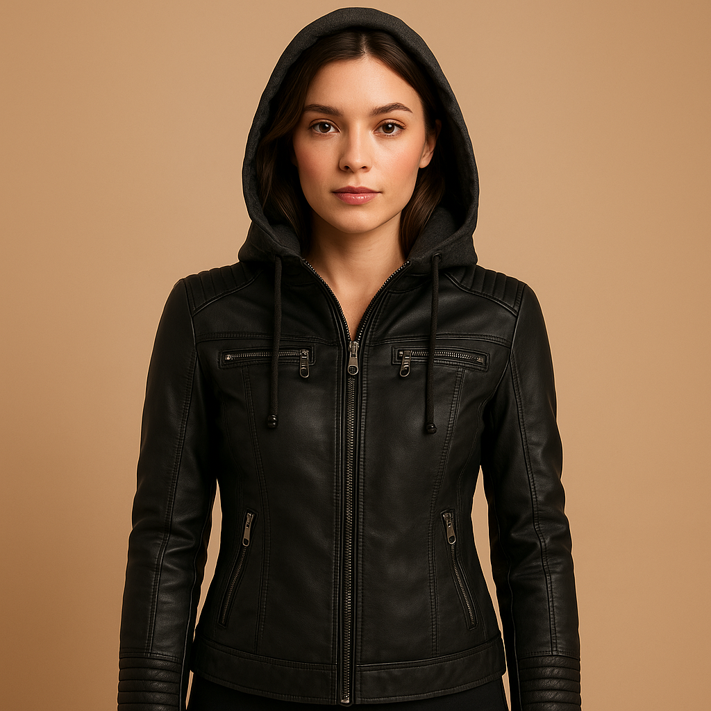 Woman wearing a short jacket for women with a slim fit, zipper details, and removable hood, styled for everyday and outdoor wear.