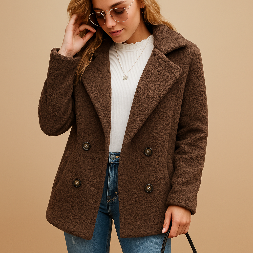 Woman wearing a short winter coat with tailored fit and button closure, perfect for daily wear and transitional seasons.
