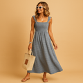 Sleeveless maxi summer dress for women with flowing silhouette and lightweight breathable fabric, ideal for casual days and summer parties.