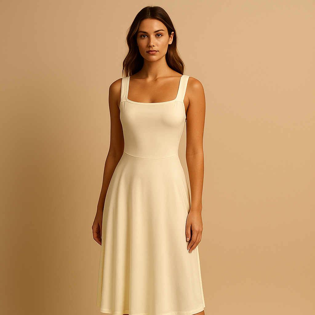 Women’s sleeveless solid color dress with minimalist design and flattering fit, ideal for brunches, formal events and casual outings.