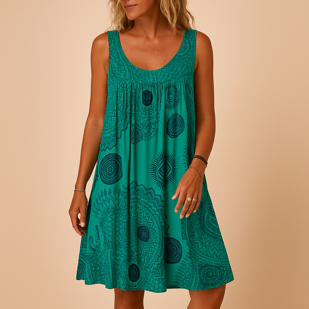 Women’s sleeveless summer dress with vibrant multicolor print and loose fit, ideal for holidays, terrace outings, and everyday warm weather wear.