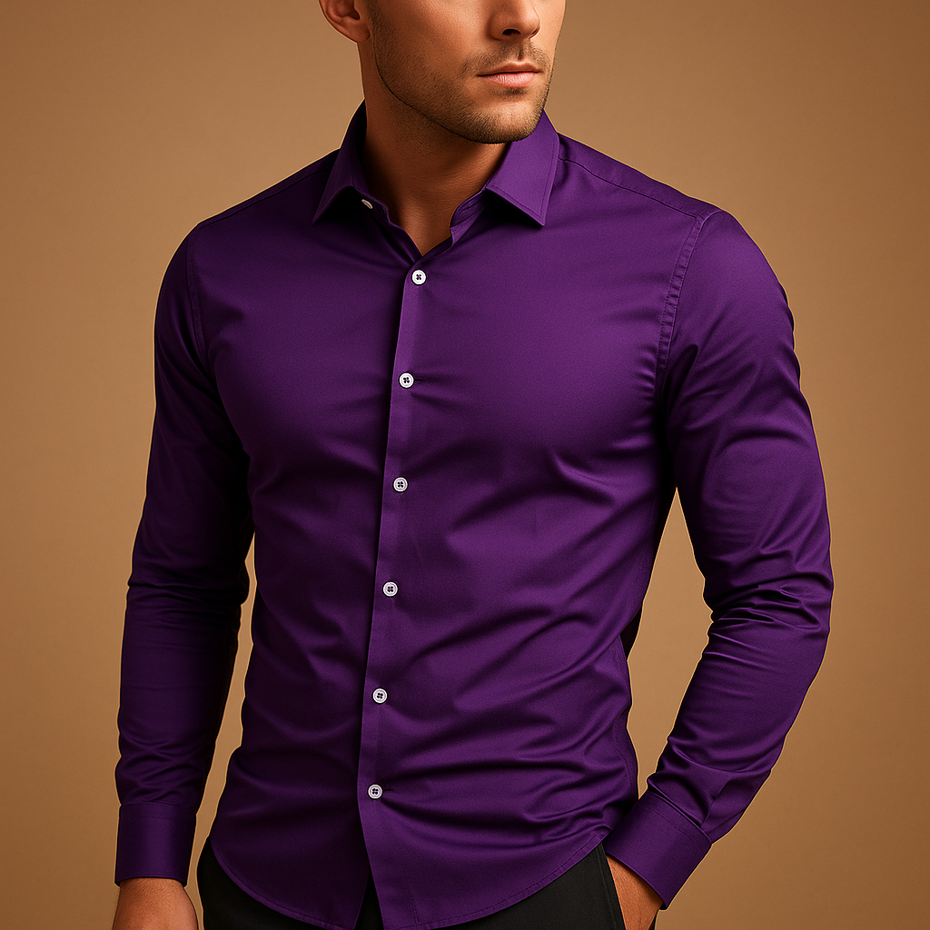 Slim fit cotton dress shirt for men with a tailored silhouette and breathable comfort, ideal for office wear, business meetings, and casual outfits.