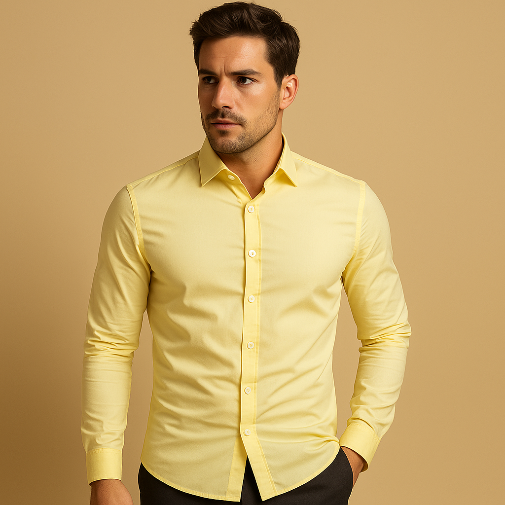 Slim fit cotton dress shirt for men with a tailored silhouette and breathable comfort, ideal for office wear, business meetings, and casual outfits.