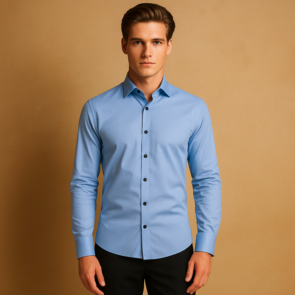 Slim fit stretch dress shirt for men with a tailored silhouette and breathable design, ideal for business meetings, smart casual outfits, and everyday style.
