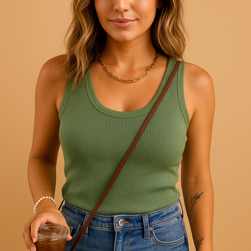 Women’s slim-fit tank top with soft cotton-blend fabric and U-neck design, ideal for summer days, beach outings, and casual wear.