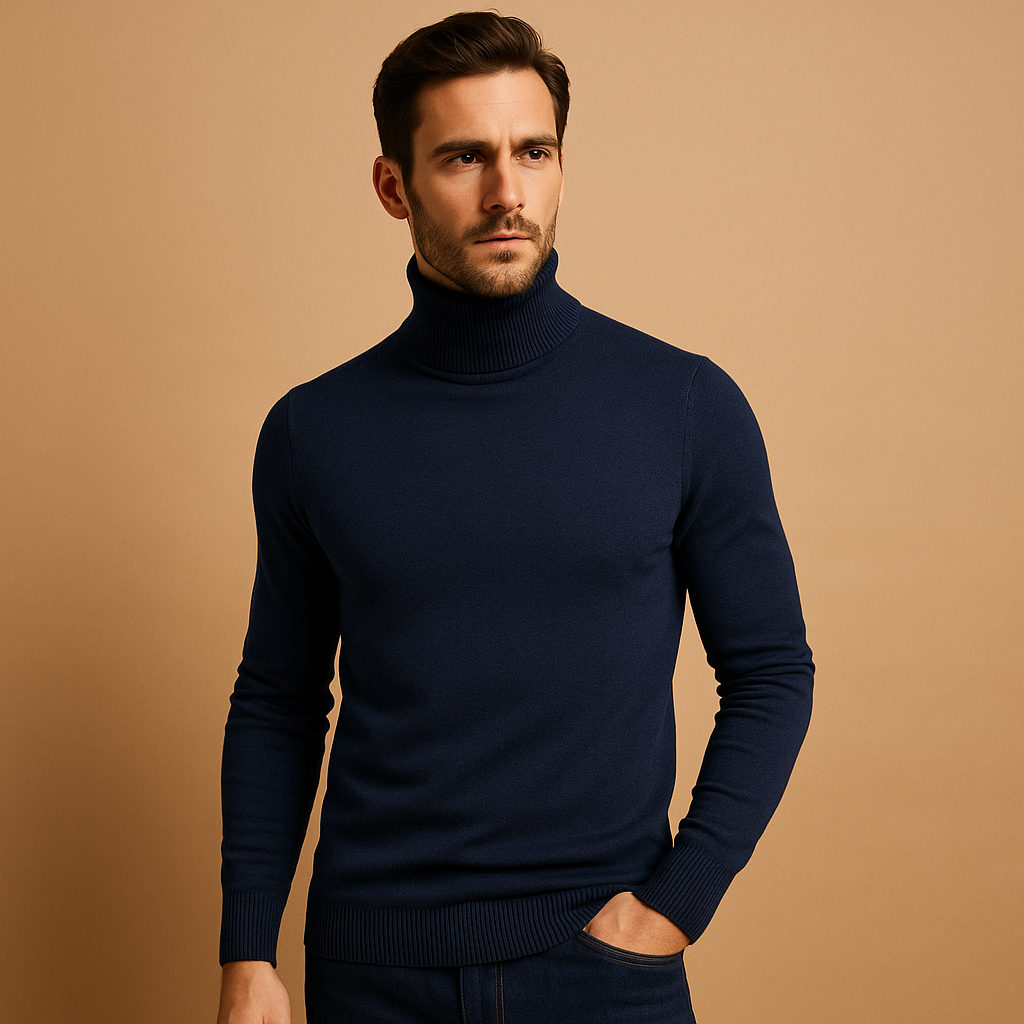 Men’s slim-fit turtleneck sweater with soft fabric and classic design, ideal for autumn and winter casual, work, or formal outfits.