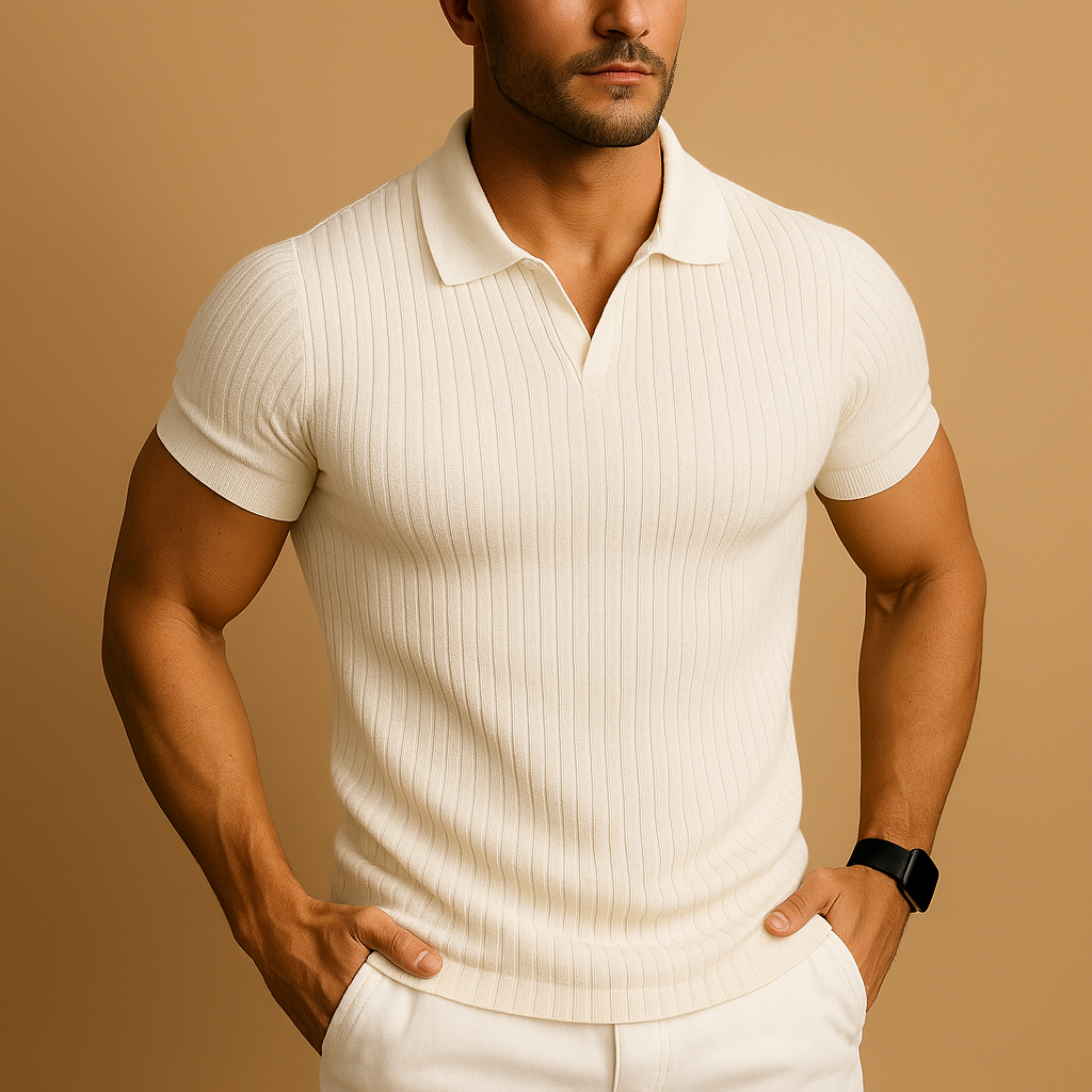 Slim fit V-neck polo shirt for men with a modern lapel collar and subtle striped detail, ideal for casual and smart-casual everyday outfits.