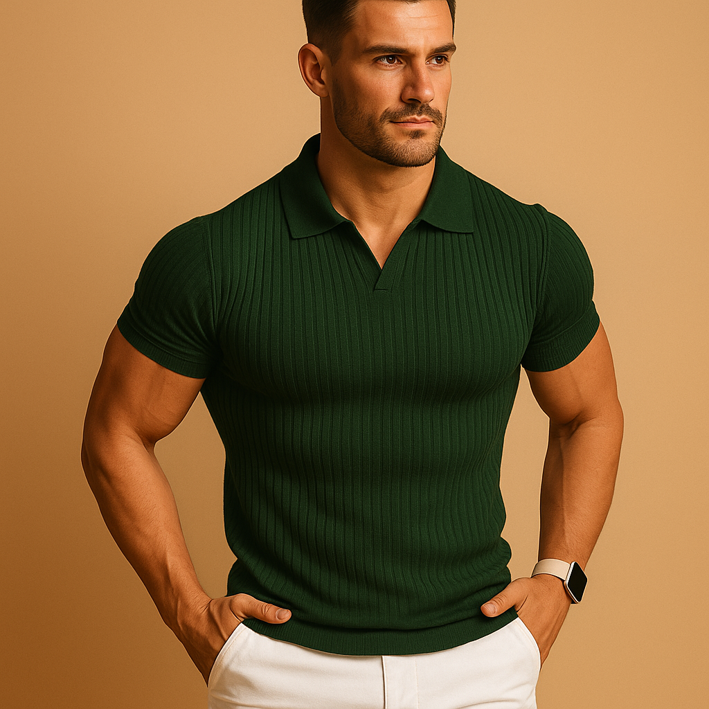 Slim fit V-neck polo shirt for men with a modern lapel collar and subtle striped detail, ideal for casual and smart-casual everyday outfits.