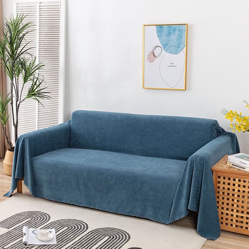 Sofa Couch Cover Throw Blanket Water-Resistant Chenille with Pom-Pom Trim Washable - Image 3