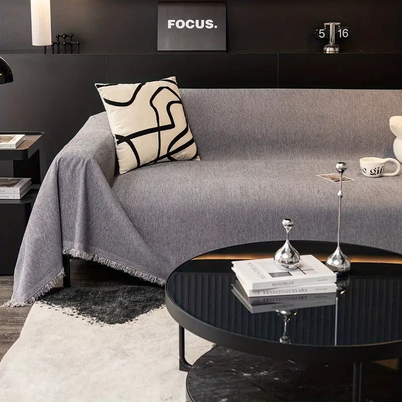 Sofa Couch Cover Throw Blanket with Herringbone Weave and Fringe Trim - Image 1