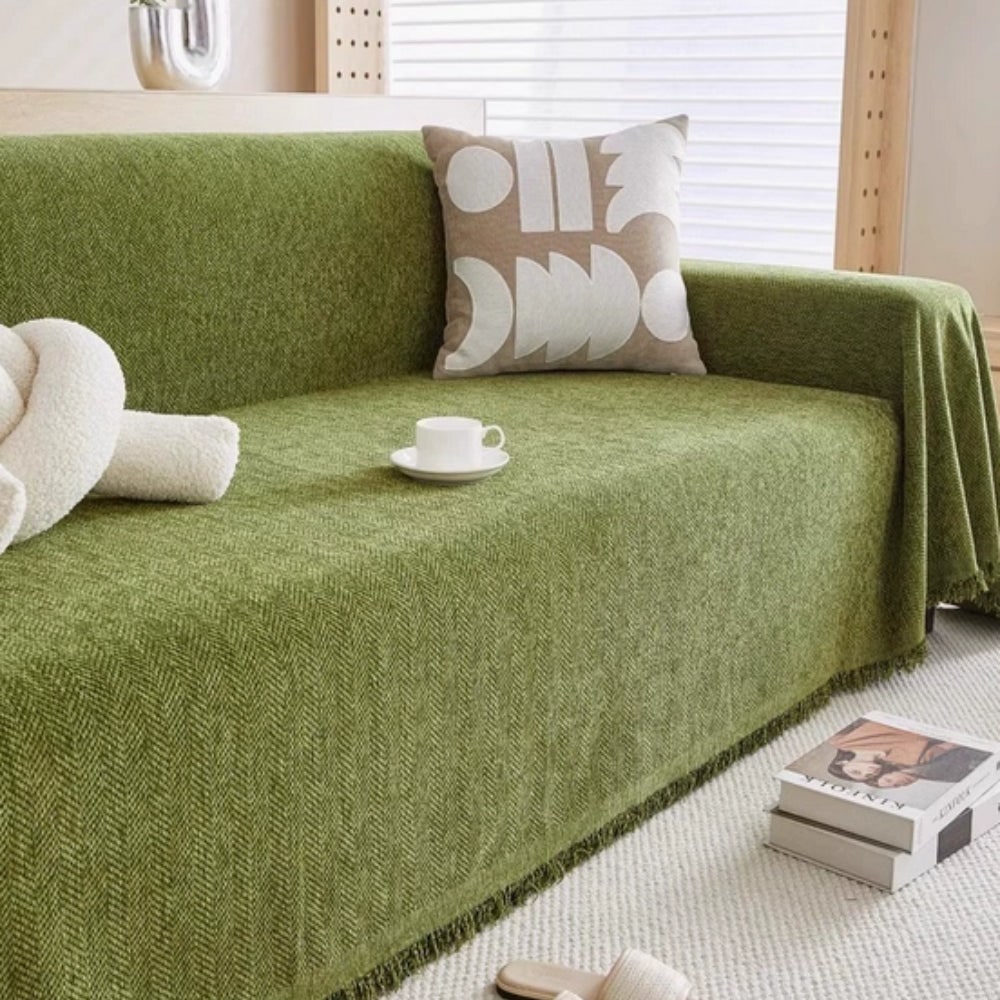 Sofa Couch Cover Throw Blanket with Herringbone Weave and Fringe Trim - Image 3