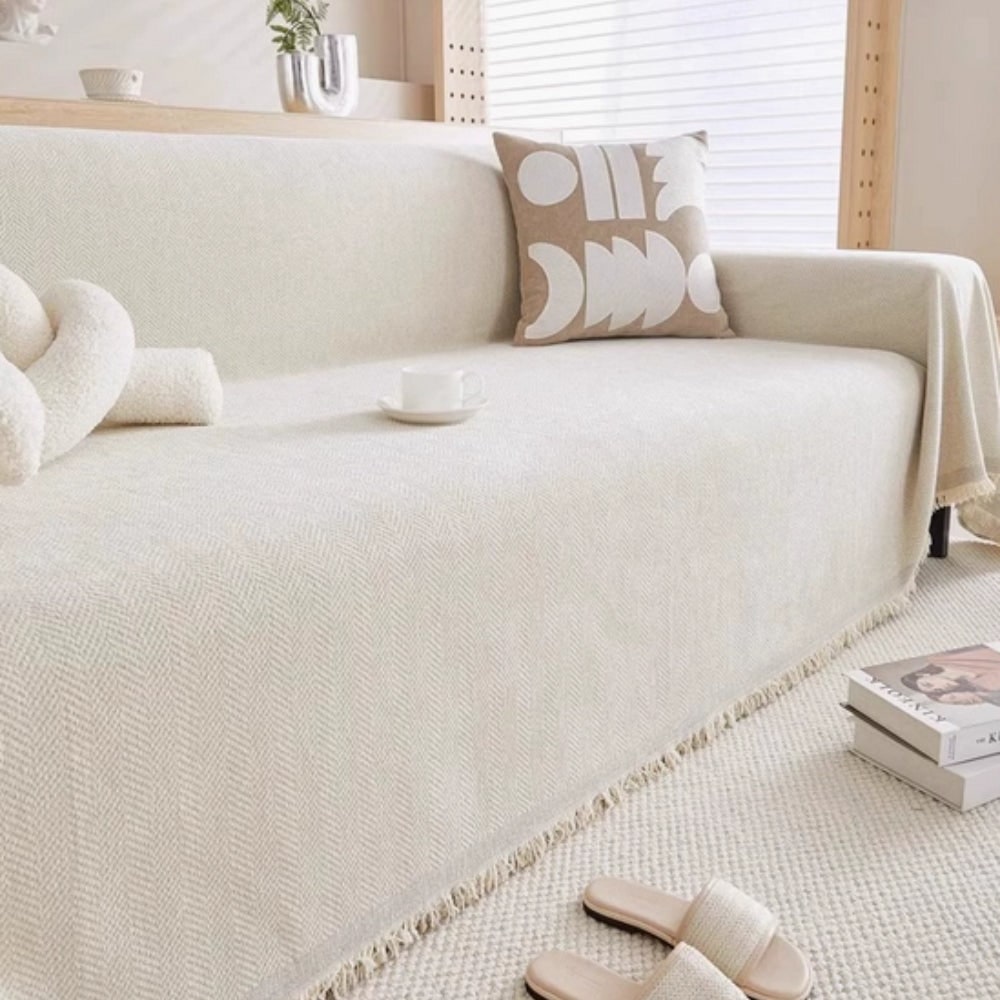 Sofa Couch Cover Throw Blanket with Herringbone Weave and Fringe Trim - Image 6