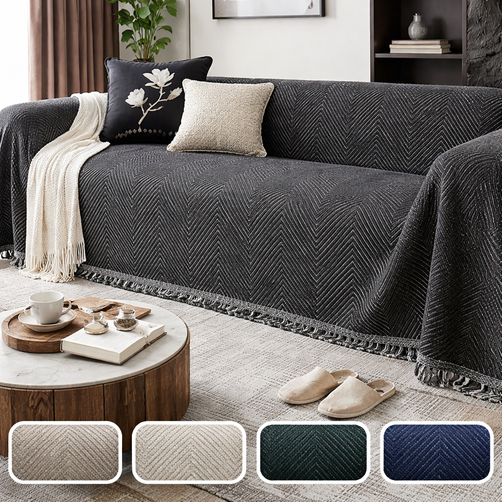 Sofa Couch Cover Throw Blanket with Woven Herringbone Pattern and Fringed Tassels - Image 2