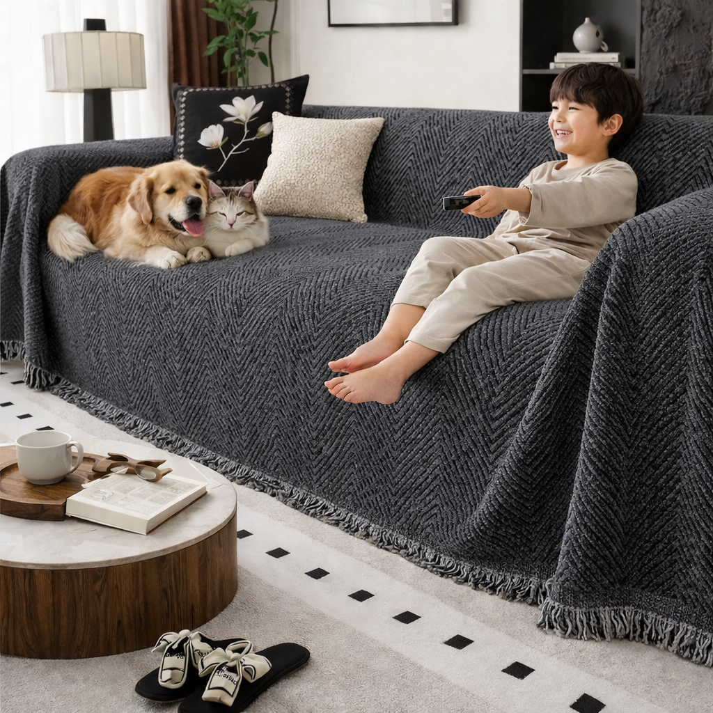 Sofa Couch Cover Throw Blanket with Woven Herringbone Pattern and Fringed Tassels - Image 3