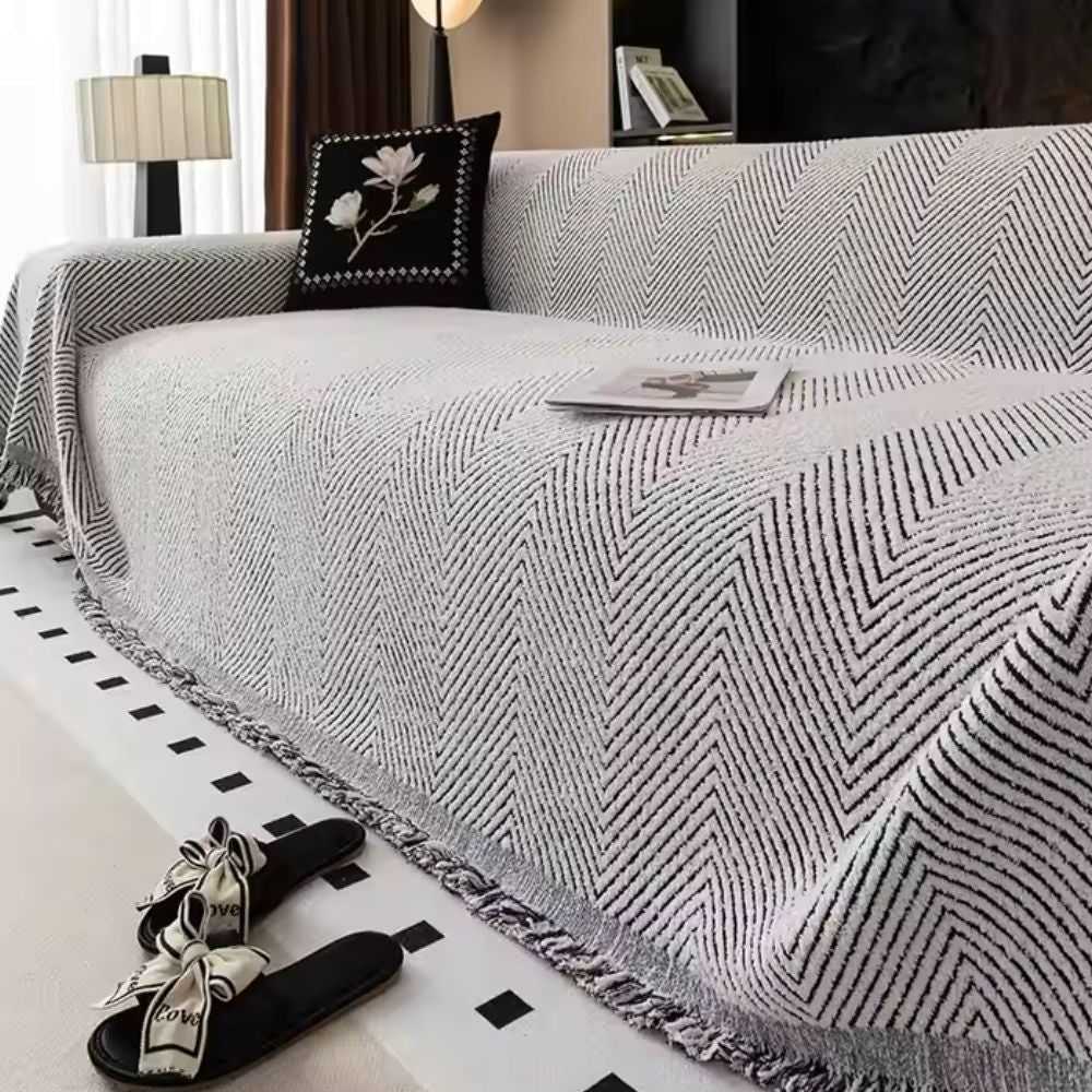 Sofa Couch Cover Throw Blanket with Woven Herringbone Pattern and Fringed Tassels - Image 4