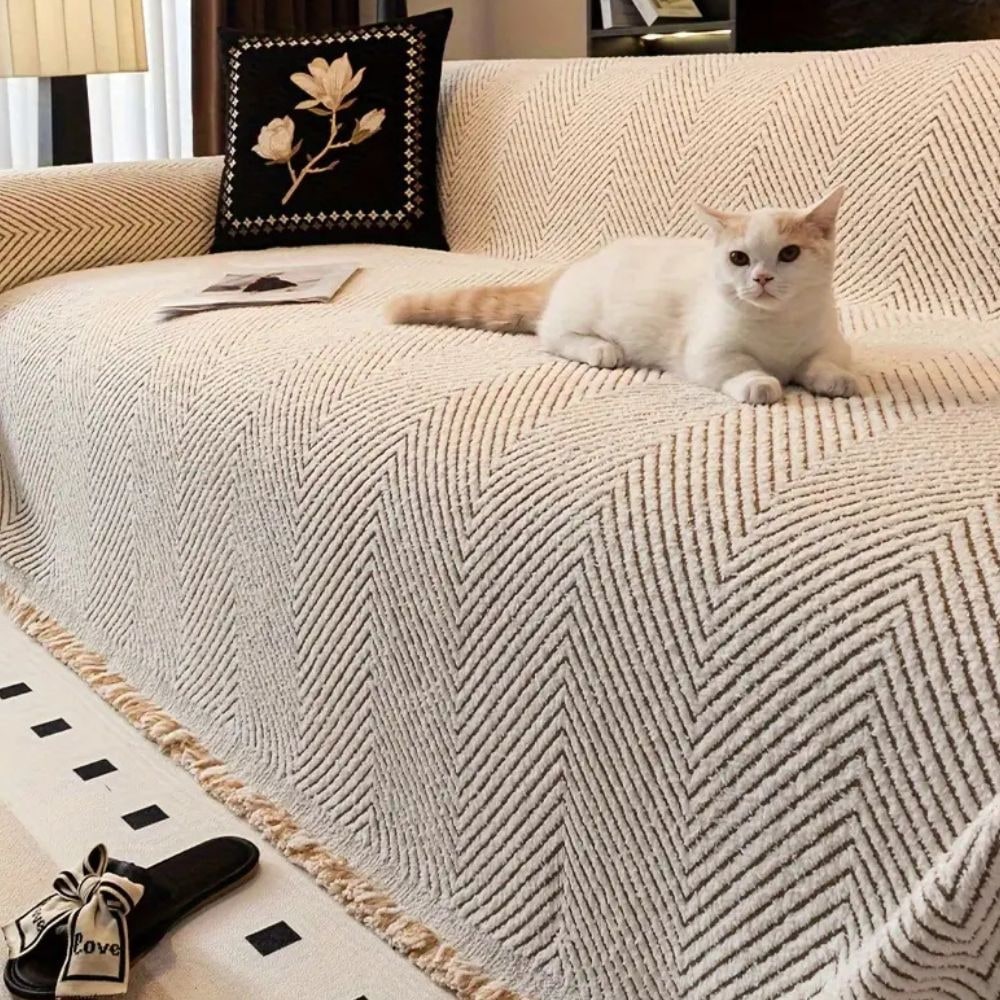 Sofa Couch Cover Throw Blanket with Woven Herringbone Pattern and Fringed Tassels - Image 5