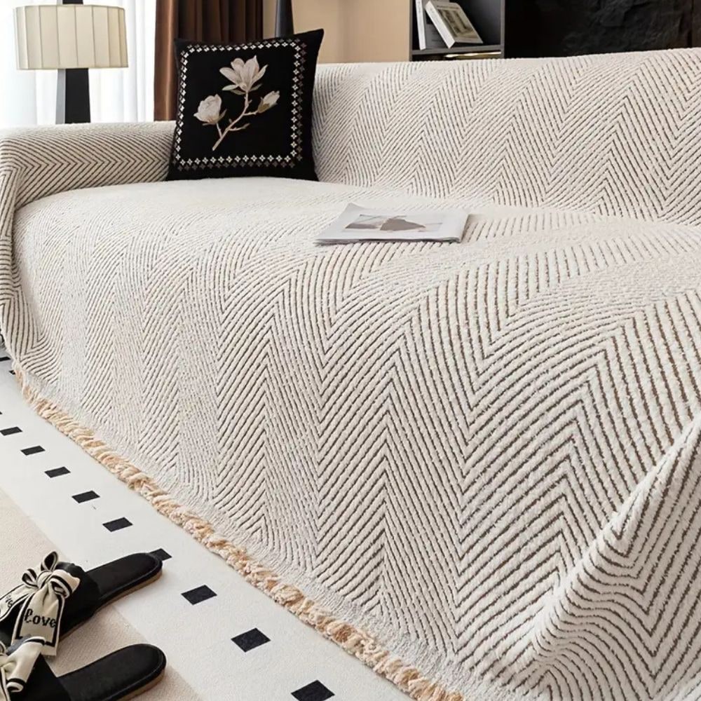 Sofa Couch Cover Throw Blanket with Woven Herringbone Pattern and Fringed Tassels - Image 6