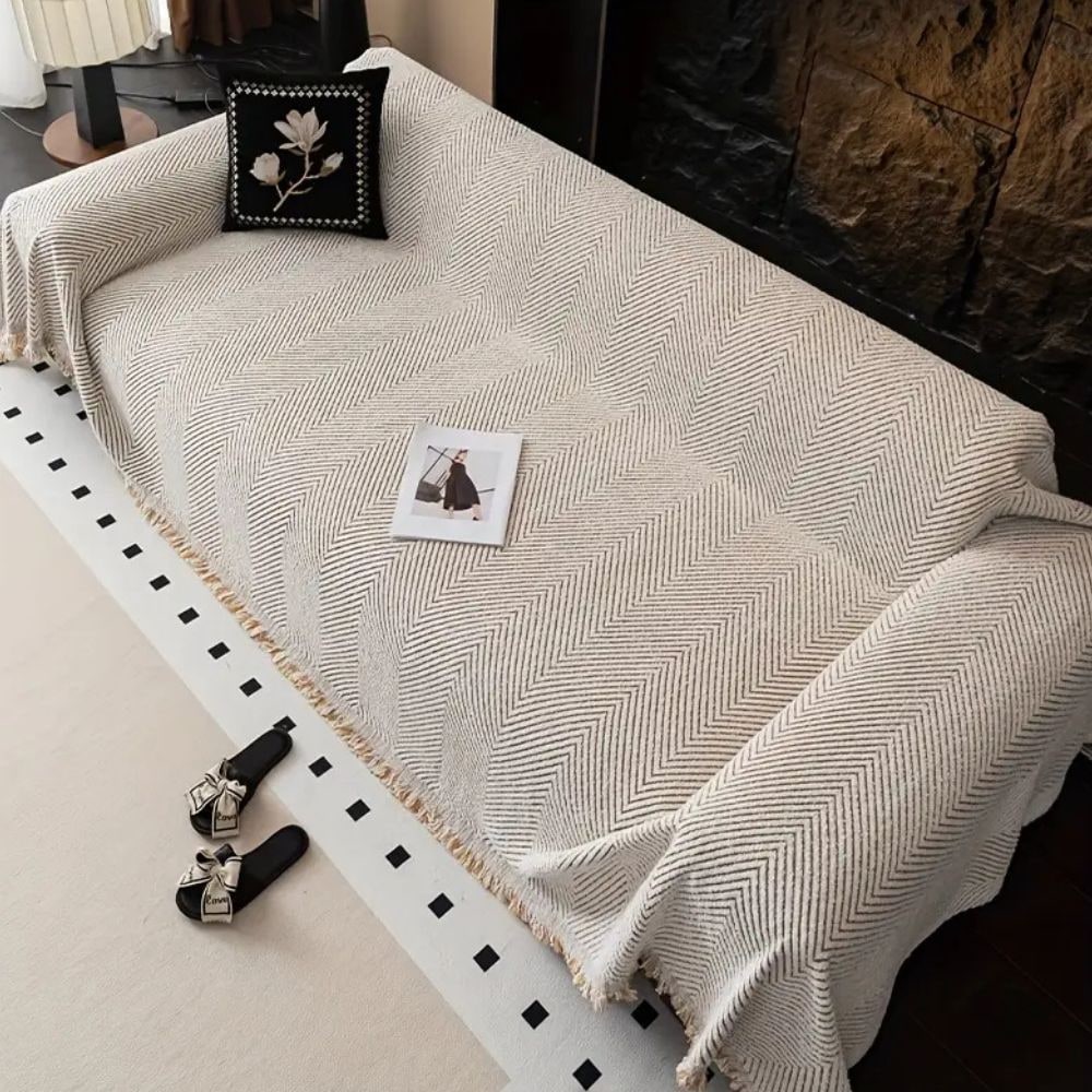 Sofa Couch Cover Throw Blanket with Woven Herringbone Pattern and Fringed Tassels - Image 7