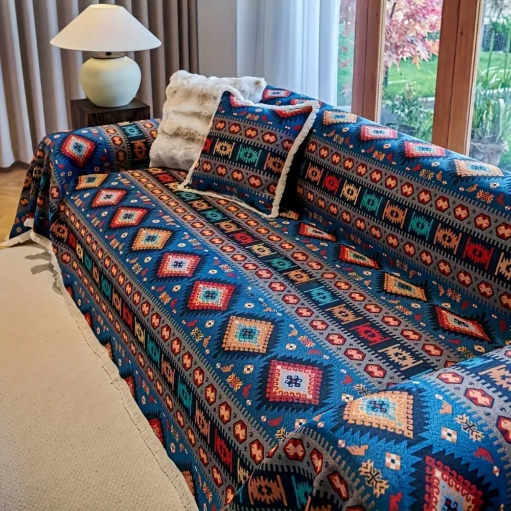 Sofa Throw Blanket with Bohemian Geometric Design and Woven Fringe Trim - Image 2