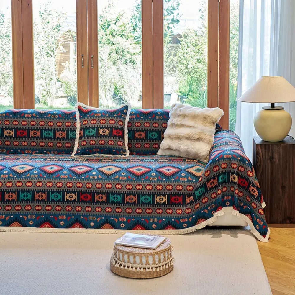 Sofa Throw Blanket with Bohemian Geometric Design and Woven Fringe Trim - Image 3