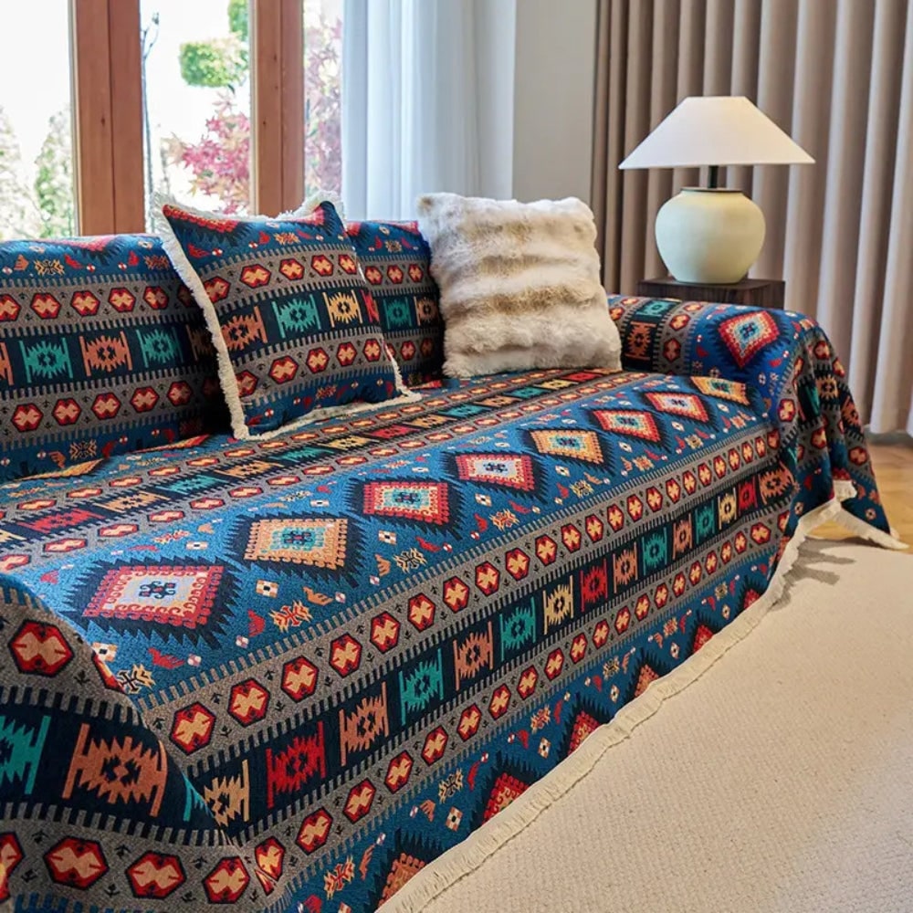 Sofa Throw Blanket with Bohemian Geometric Design and Woven Fringe Trim - Image 7
