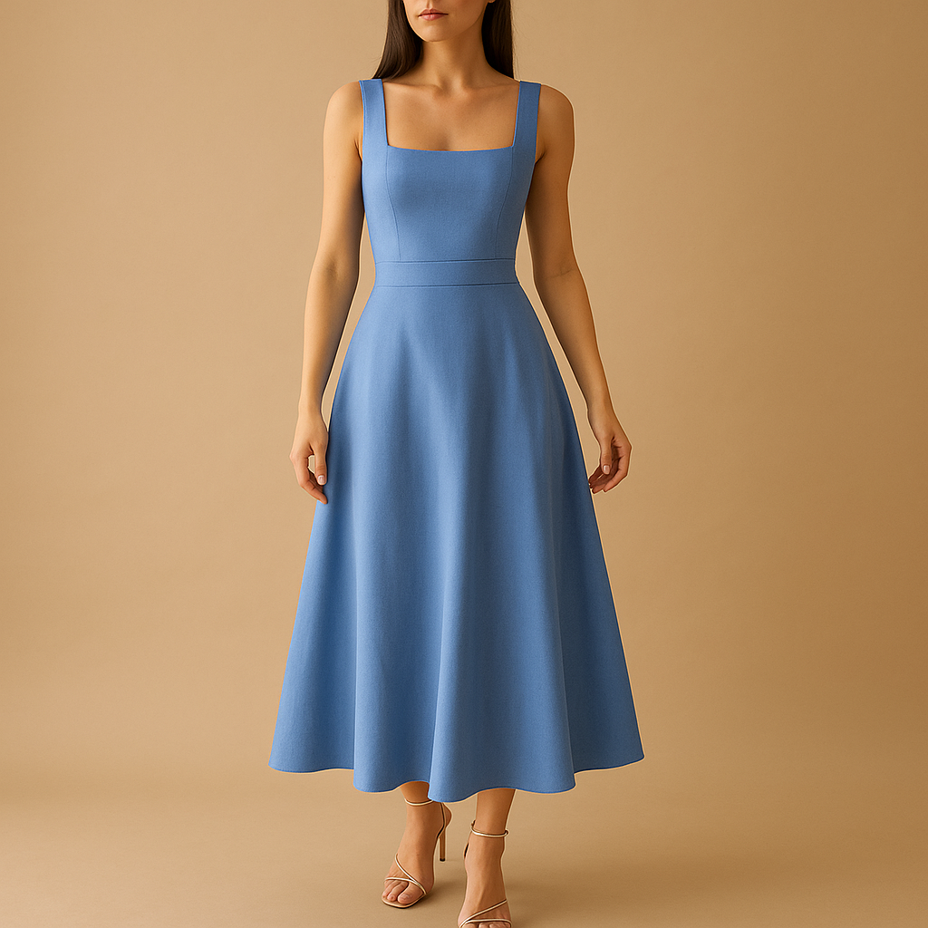 Square neck midi dress with wide straps and elastic waistband for women, ideal for weddings, parties, and elegant everyday wear.