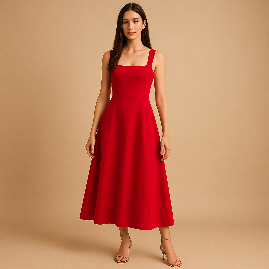 Square neck midi dress with wide straps and elastic waistband for women, ideal for weddings, parties, and elegant everyday wear.