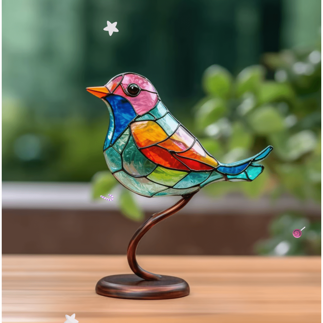 Stained Glass Birds with Metal Branch Stand Decorative Tabletop Ornament - Image 1