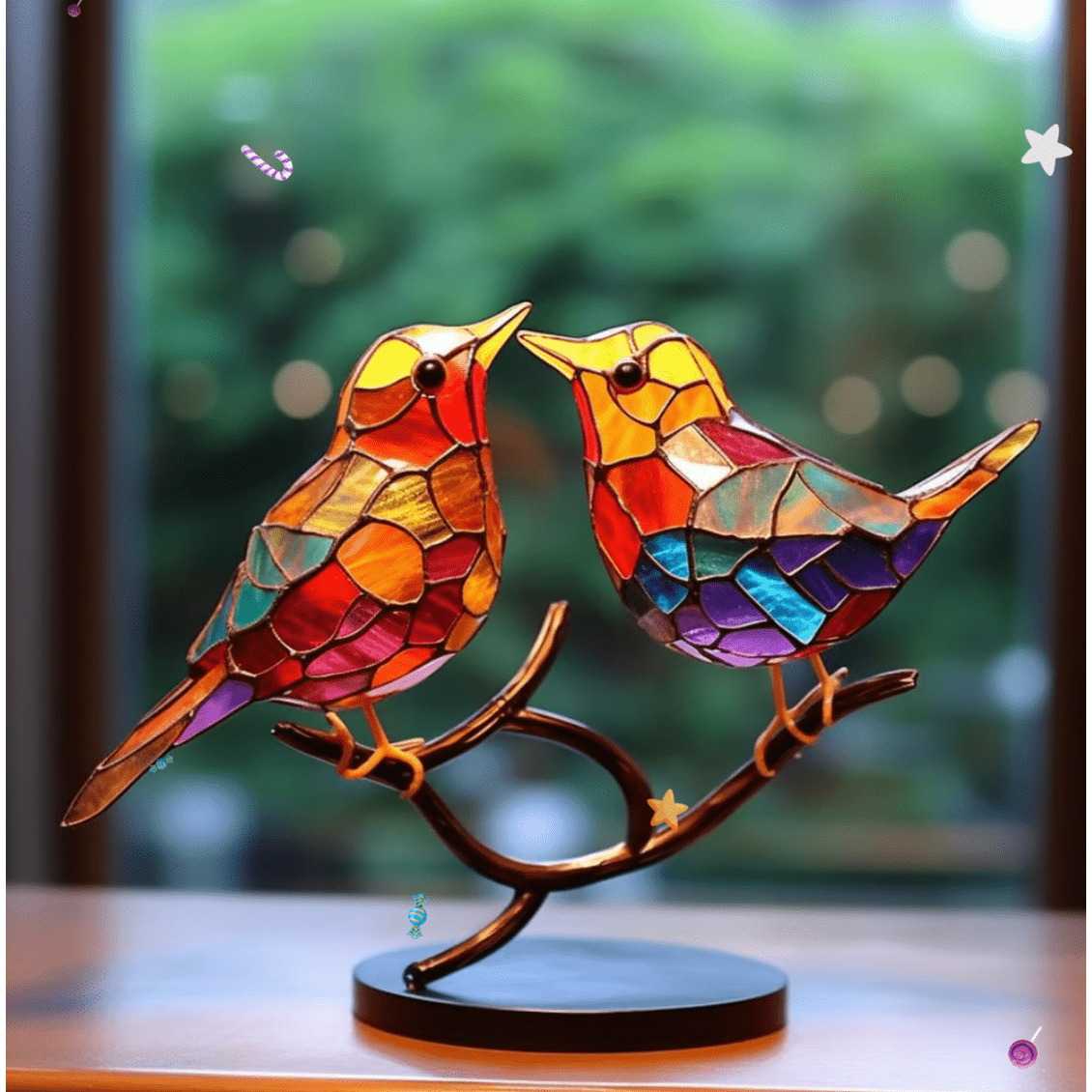 Stained Glass Birds with Metal Branch Stand Decorative Tabletop Ornament - Image 2