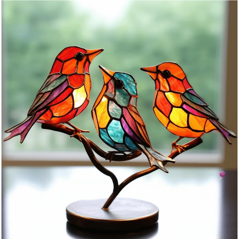 Stained Glass Birds with Metal Branch Stand Decorative Tabletop Ornament - Image 3