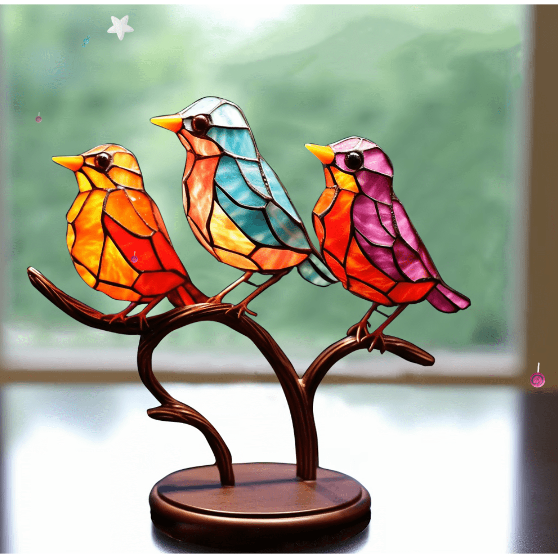Stained Glass Birds with Metal Branch Stand Decorative Tabletop Ornament - Image 4