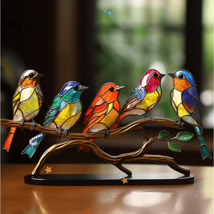 Stained Glass Birds with Metal Branch Stand Decorative Tabletop Ornament - Image 5