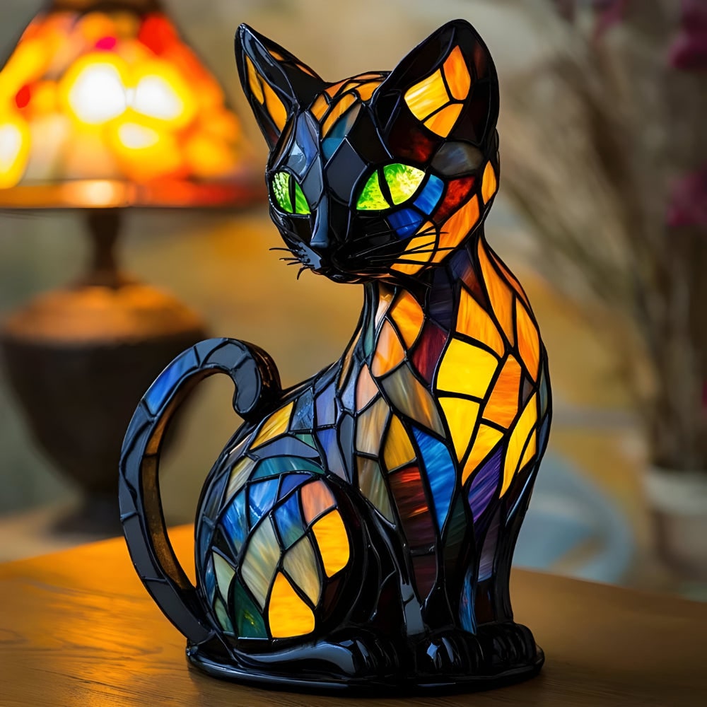 Stained Glass Cat Desk Lamp with Color-Changing Glow and Mosaic Design - Image 1
