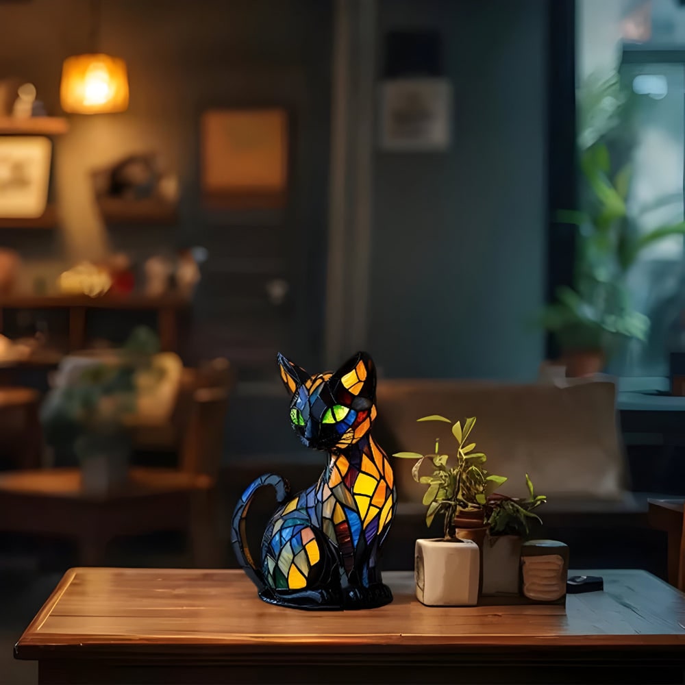 Stained Glass Cat Desk Lamp with Color-Changing Glow and Mosaic Design - Image 3