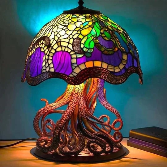 Stained Glass LED Table Lamp with Translucent Resin Shade and Warm Ambient Light - Image 7