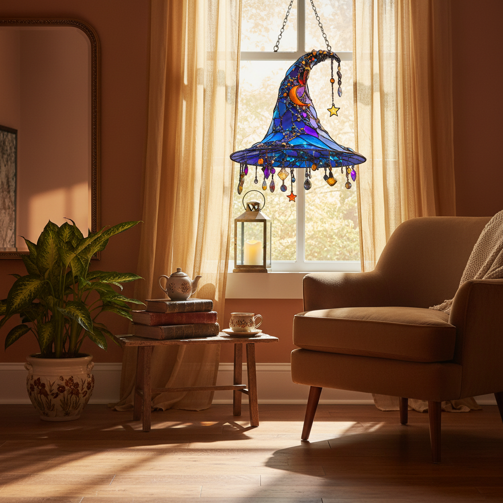 Stained Glass Suncatcher Witch Hat with Crystal Beads and Prism Hanging Window Decoration - Image 3