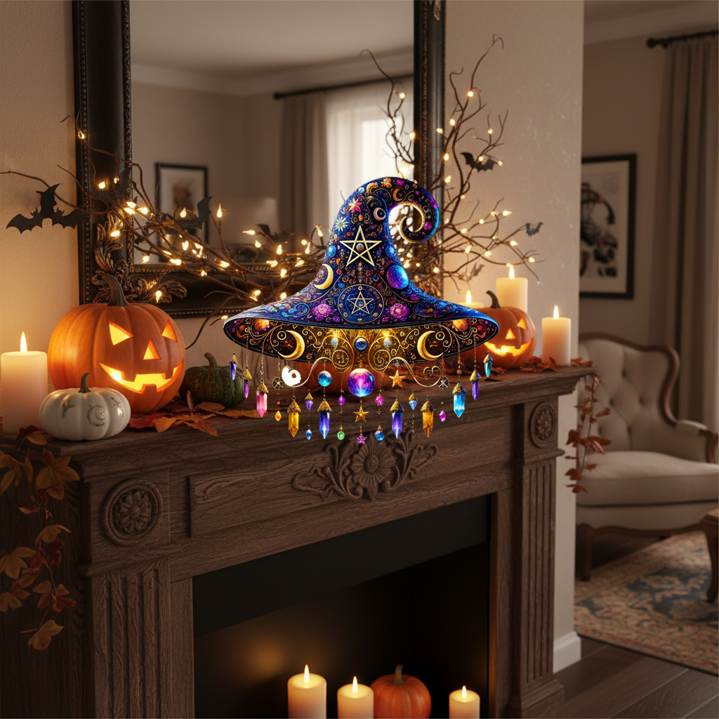 Stained Glass Suncatcher Witch Hat with Crystal Beads and Prism Hanging Window Decoration - Image 4