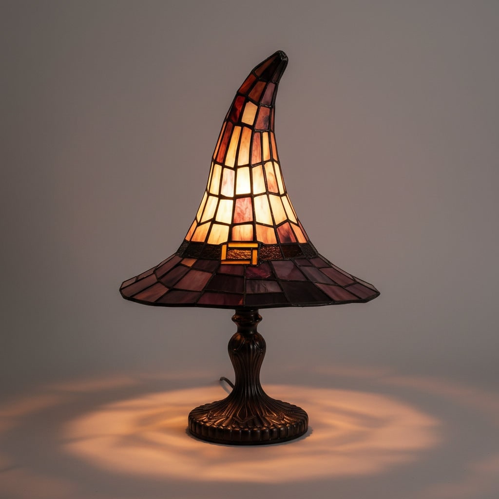 Stained Glass Witch Hat Table Lamp with Bronze Base and Amber Purple Shade - Image 1