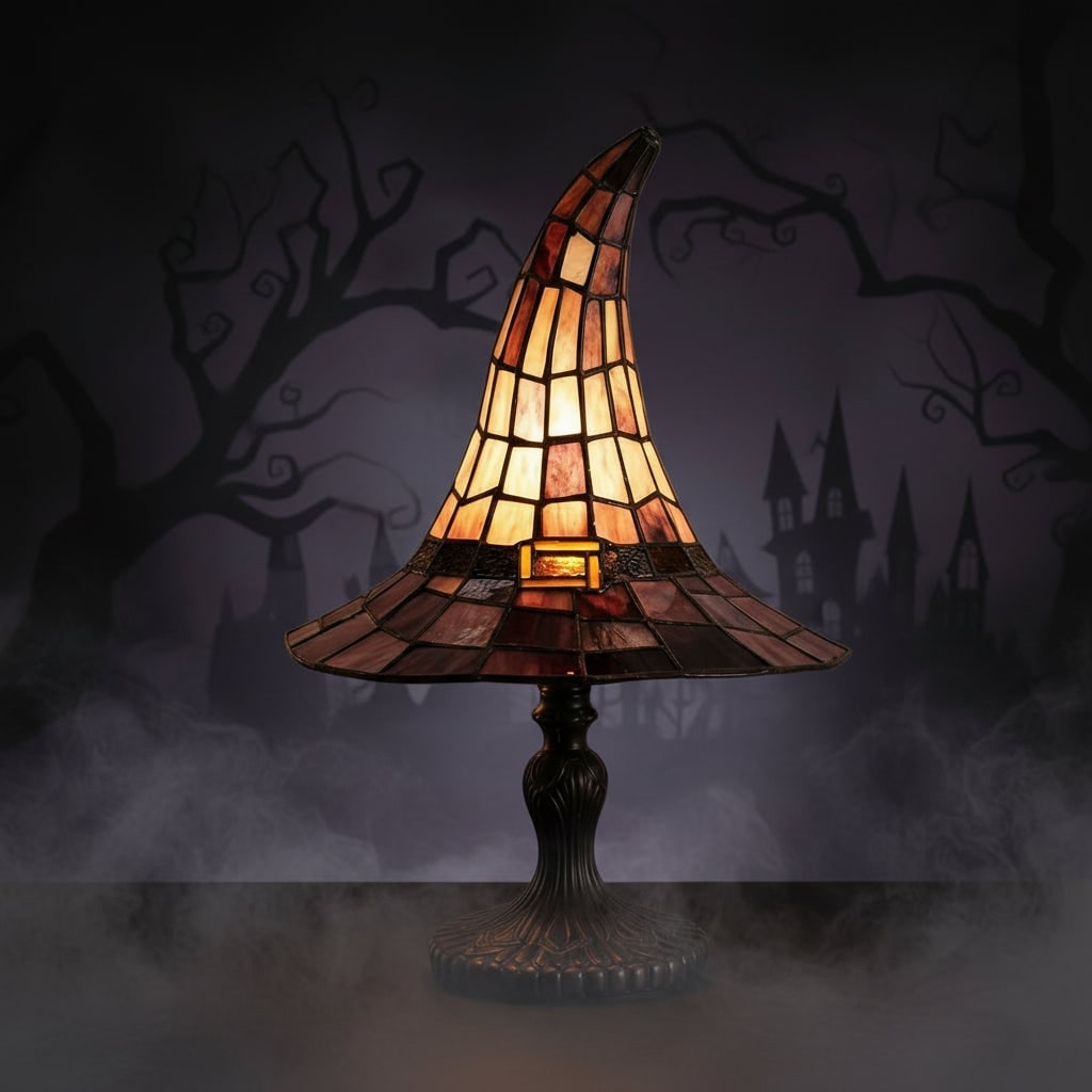 Stained Glass Witch Hat Table Lamp with Bronze Base and Amber Purple Shade - Image 4