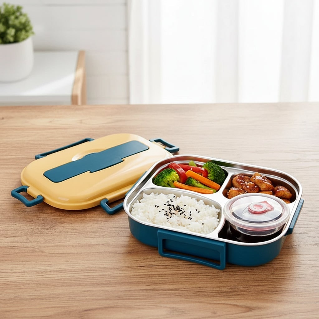 Stainless Steel Bento Lunch Box with Divided Compartments and Removable Lidded Bowl - Image 1