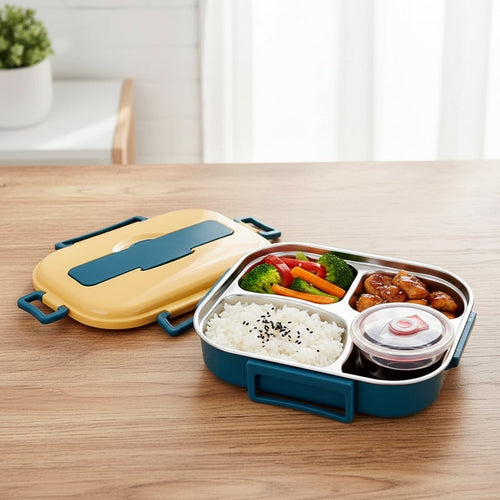 Stainless Steel Bento Lunch Box with Divided Compartments and Removable Lidded Bowl - Image 1