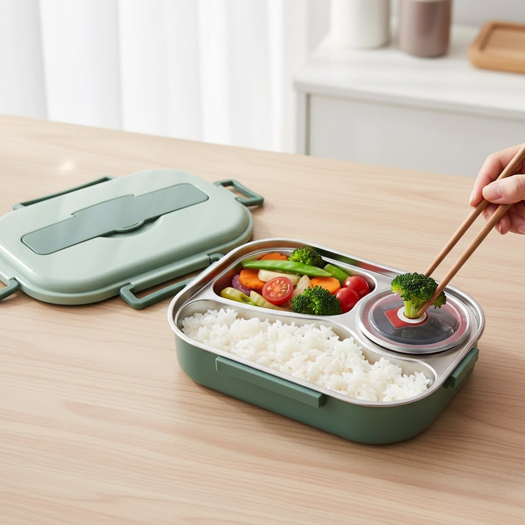 Stainless Steel Bento Lunch Box with Divided Compartments and Removable Lidded Bowl - Image 3