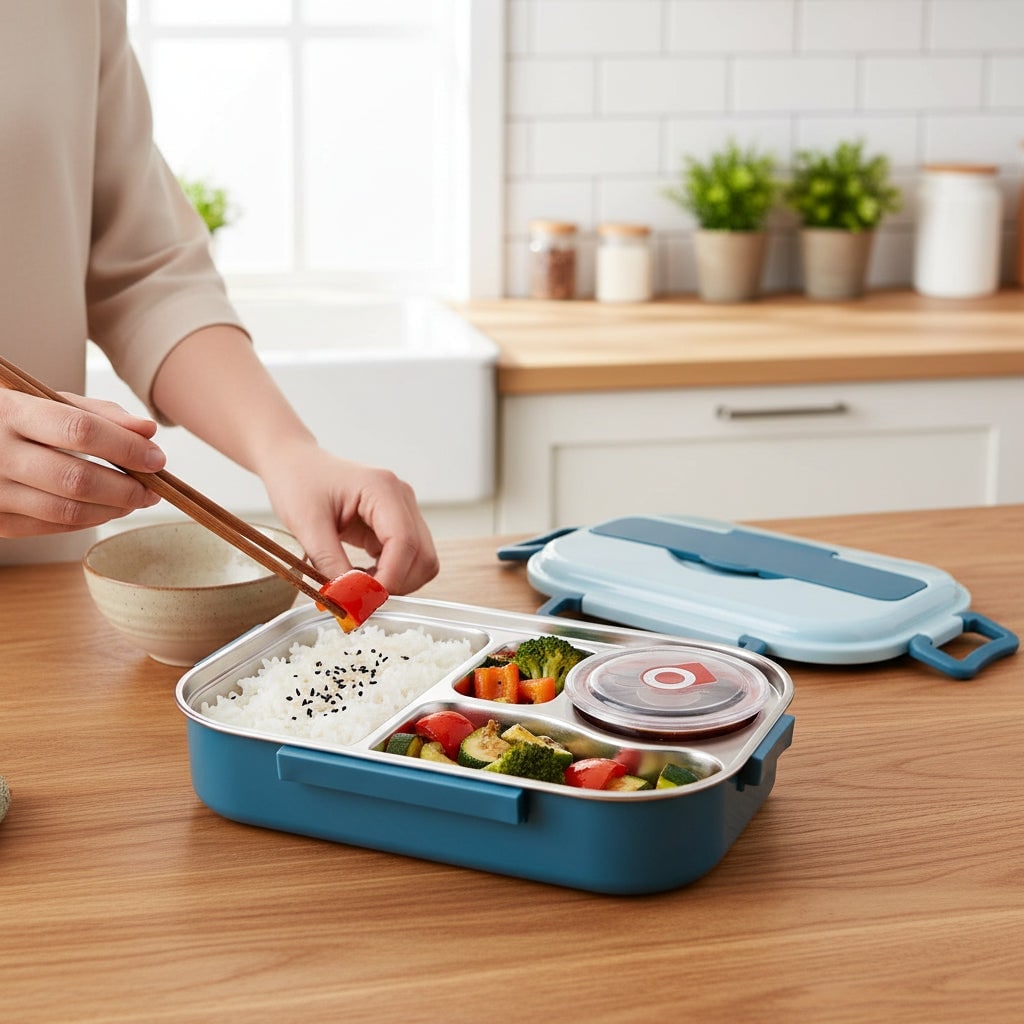 Stainless Steel Bento Lunch Box with Divided Compartments and Removable Lidded Bowl - Image 7