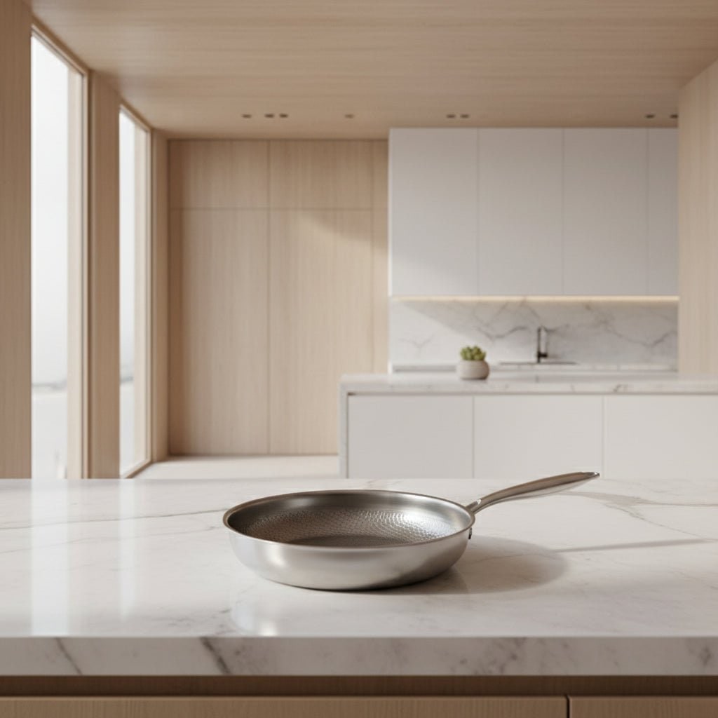 Stainless Steel Frying Pan with Hammered Interior and Induction Compatible Base - Image 1