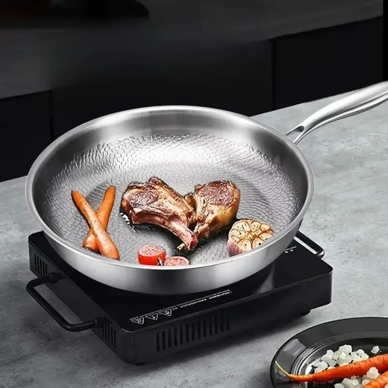 Stainless Steel Frying Pan with Hammered Interior and Induction Compatible Base - Image 2