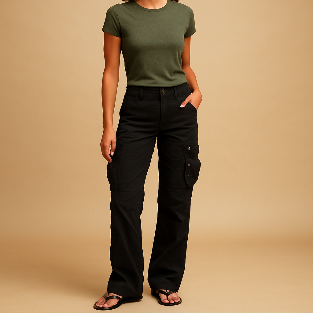 Straight leg cargo trousers for women with functional pockets and comfortable fit, perfect for casual outfits, travel, and everyday activities.