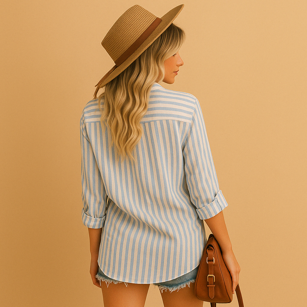 Women’s striped blouse with tailored fit and lightweight fabric, suitable for work, casual wear, and all-season outfits.